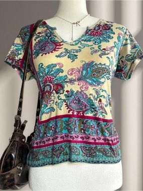 Boho Floral Paisley Short Sleeve Top - Cream & Teal